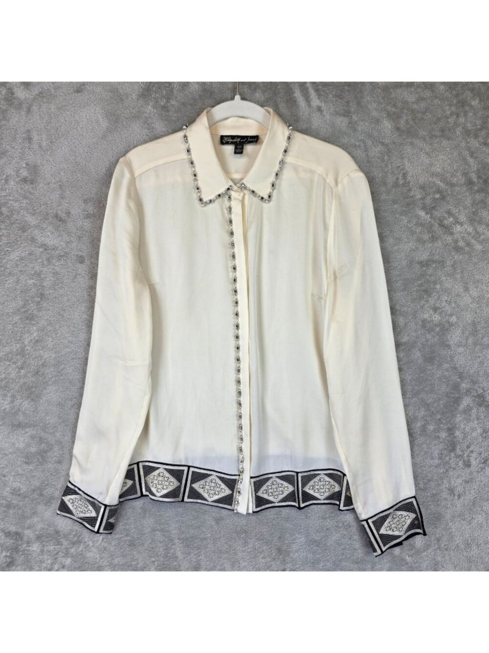 Elizabeth And James Blouse Womens M Cream Long Sleeve Beaded Rhinestone Silk Top